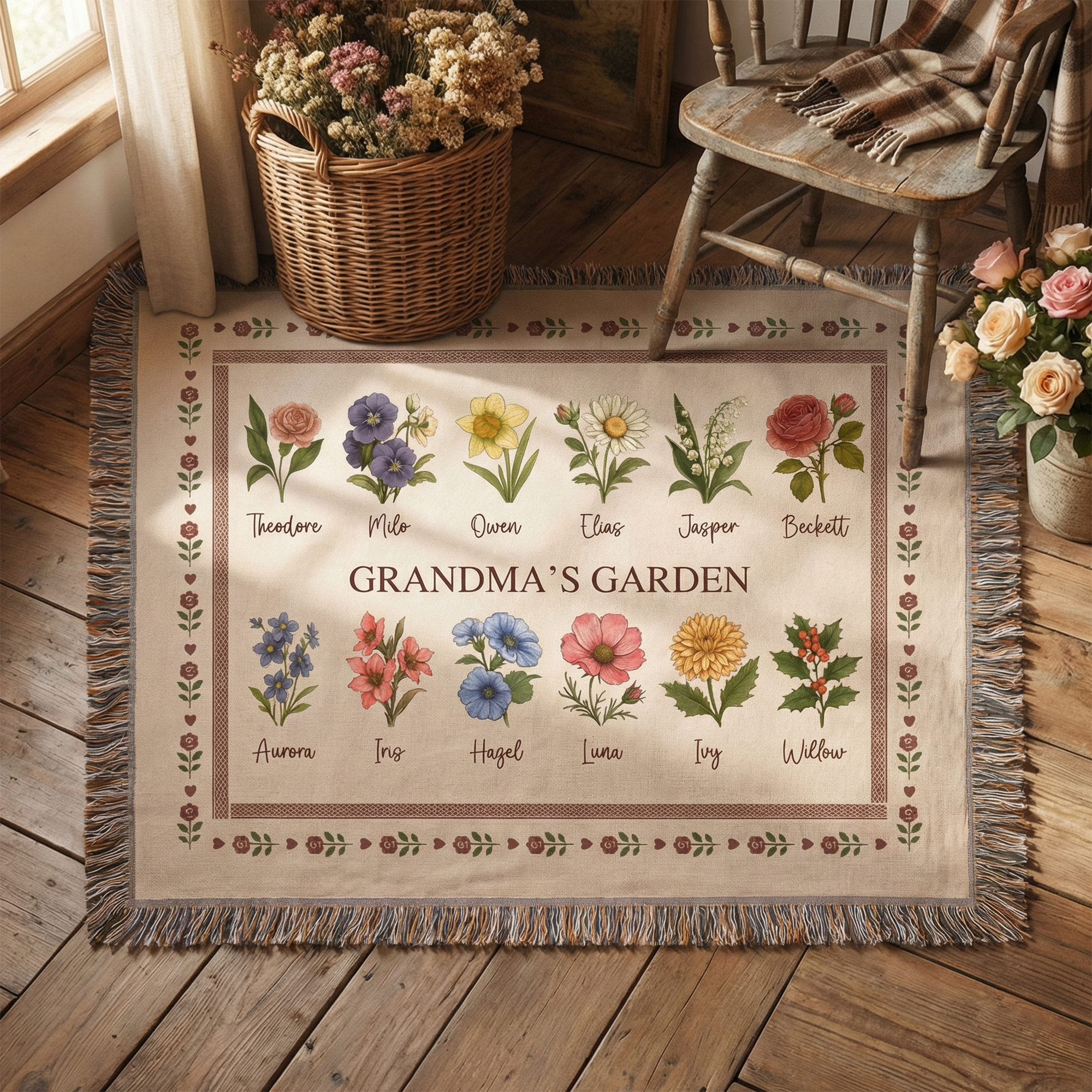 Personalizada Retro Nacimiento Flor Jardín de la Abuela Borla Suave manta con nombres y título Día de la Madre Cumpleaños Regalo para la familia de la abuela