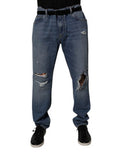 Men's Blue Tattered Cotton Straight Denim Jeans Lyocell Clothing