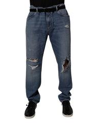 Men's Blue Tattered Cotton Straight Denim Jeans Lyocell Clothing