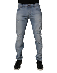 Blue Tattered Cotton Skinny Men Denim Jeans Elastane Clothing