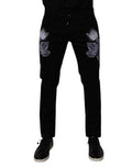 Black Floral Cotton Skinny Men Denim Jeans Elastane Clothing
