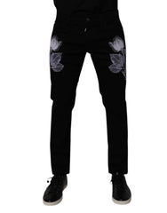 Black Floral Cotton Skinny Men Denim Jeans Elastane Clothing