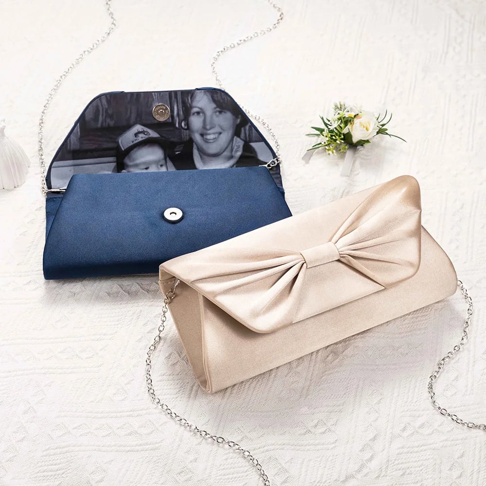Bolso de mano de satén personalizado con forro de foto lazo y cadena desmontable regalo de cumpleaños boda y aniversario para mujeres