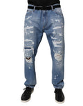 Men's Blue Tattered Straight Cotton Denim Jeans Clothing