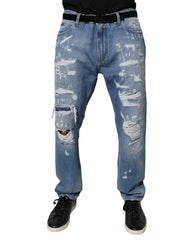 Men's Blue Tattered Straight Cotton Denim Jeans Clothing