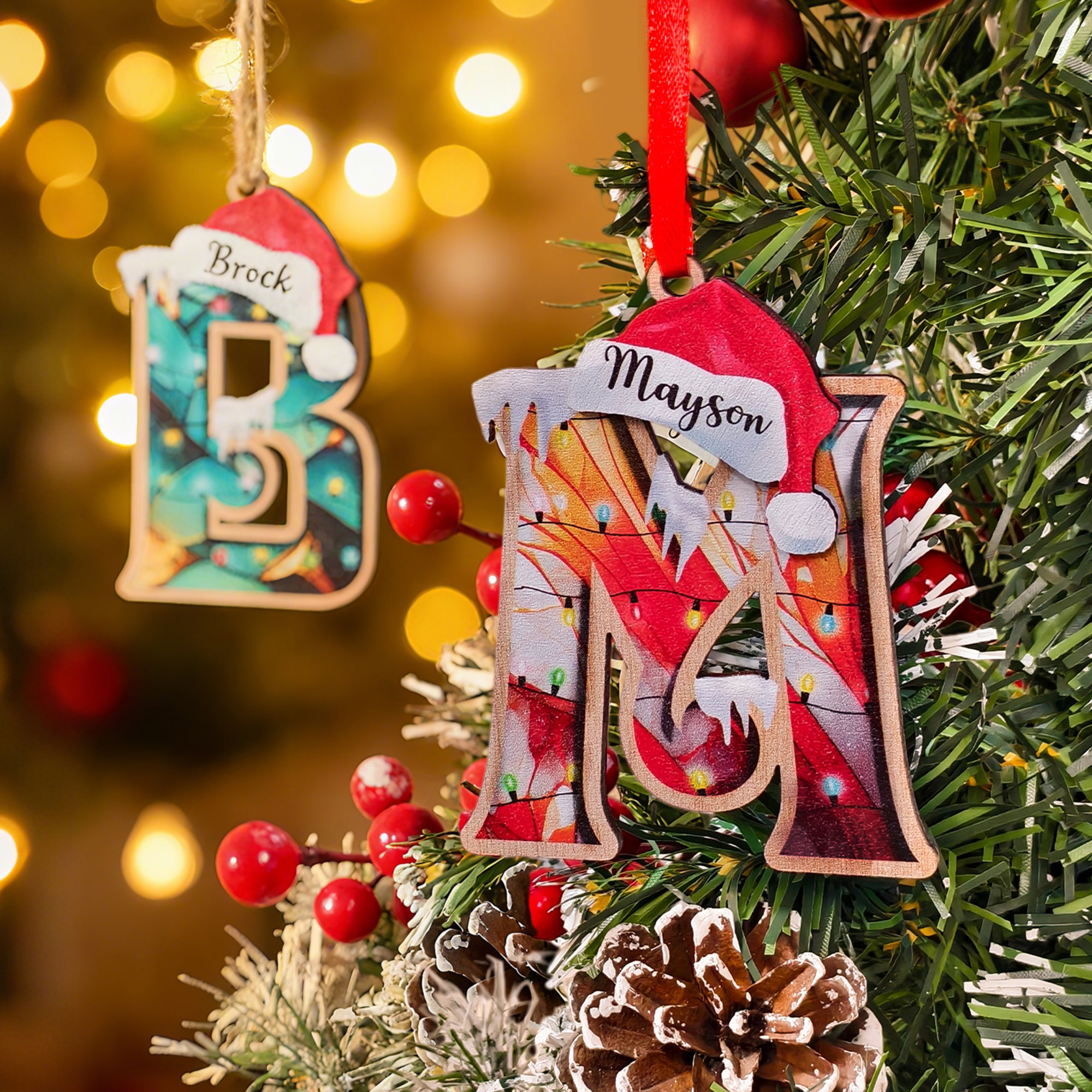 Personalizado sombrero de Santa inicial de madera en capas adorno del árbol de Navidad con el nombre del bloque de decoración del árbol de Navidad de regalo para la familia