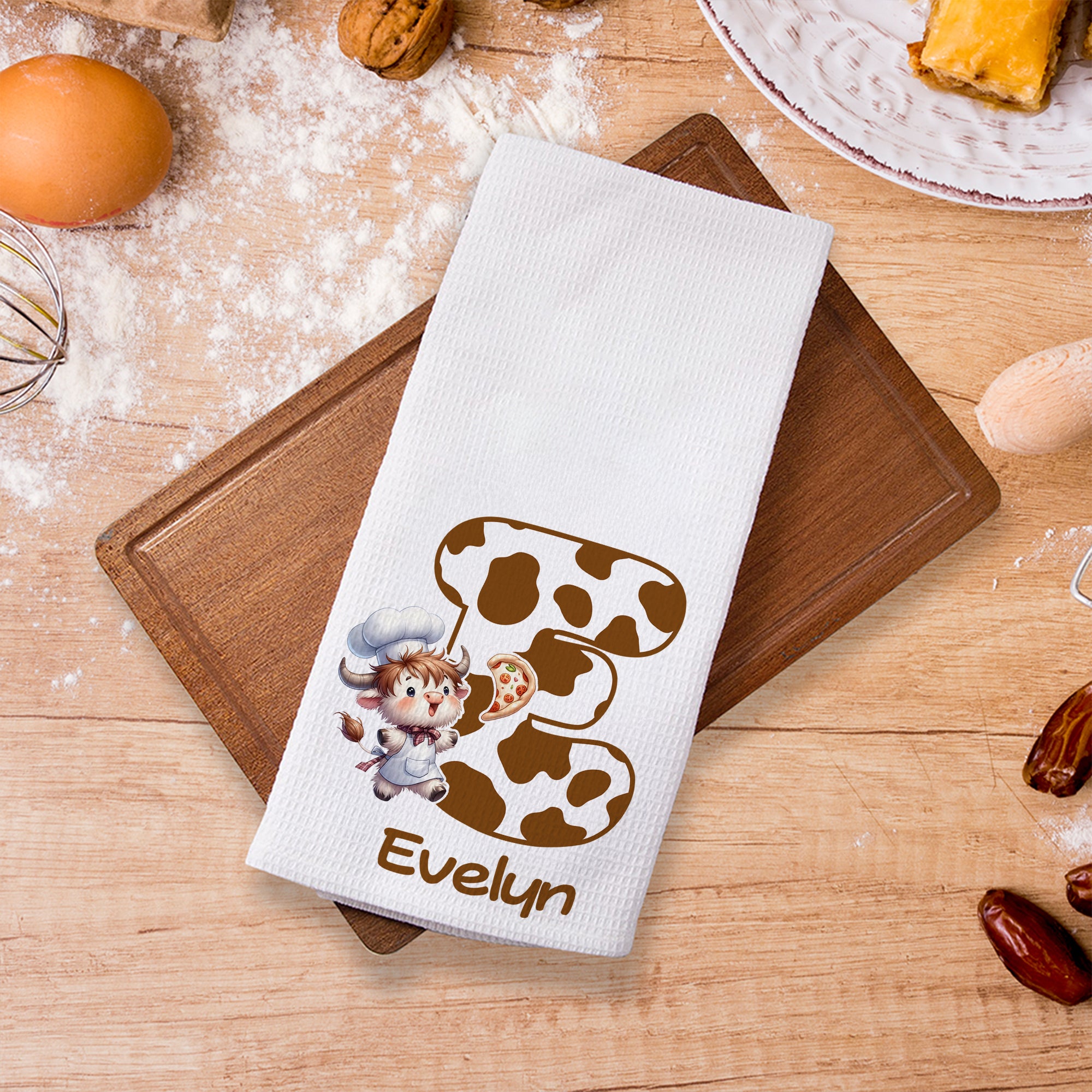 Toalla de cocina personalizada con nombre de la vaca Highland Chef Initial Waffle Birthday Christmas Gift for Kids Highland Cow Lovers