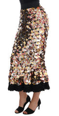 Women's Gold Sequined Peplum High Waist Skirt Black Cotton