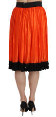Women's Orange High Waist Knee Length Skirt Black Nylon Silk