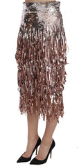 Women's Sequin Embellished Fringe Midi Pencil Skirt Silver Nylon