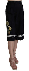 Women's Black Cotton Cropped Embellished Pants Elastane