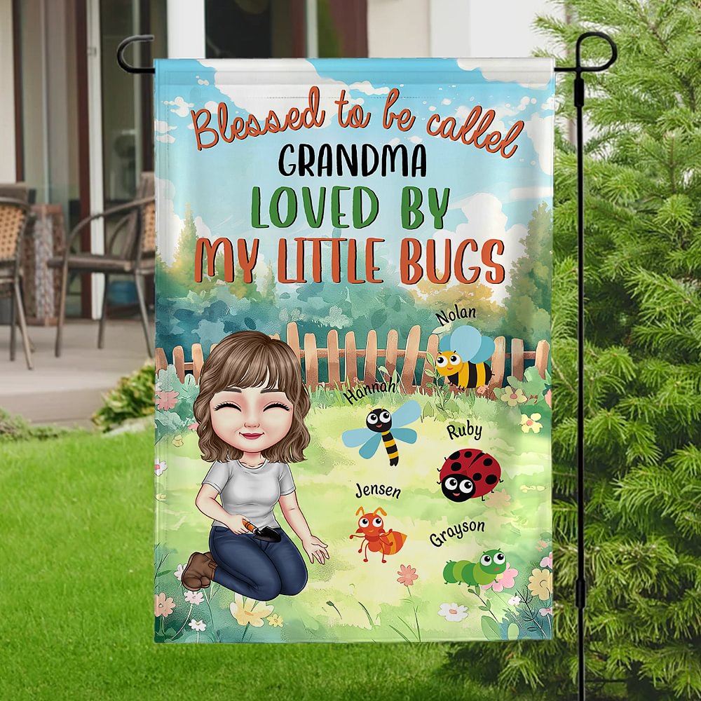 Bandera de jardín personalizada con el nombre de un insecto de dibujos animados Regalo de cumpleaños y aniversario para los amantes de la jardinería