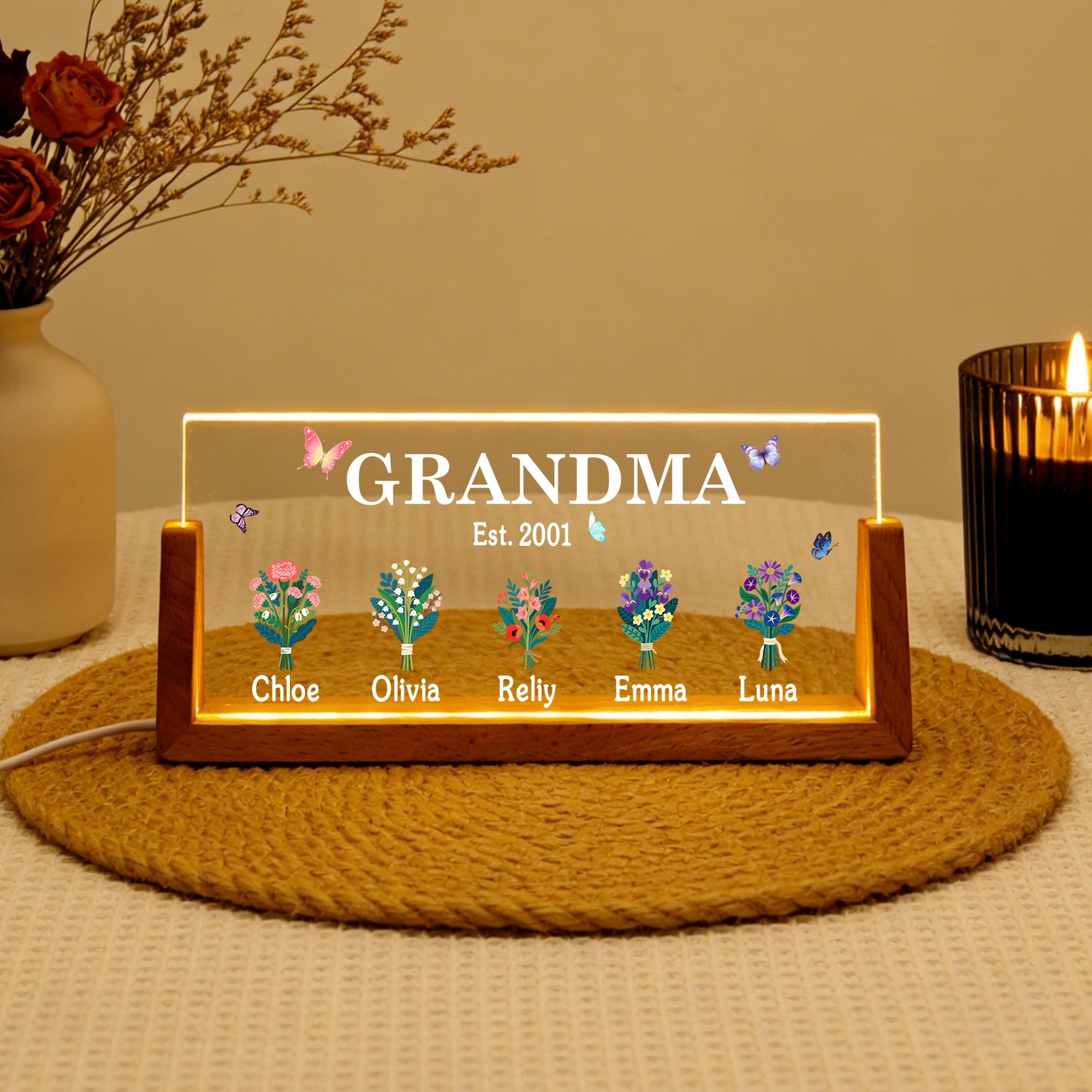 Mariposas Personalizadas 1-8 Flores de Nacimiento Luz de Noche LED Acrílica con Base de Madera y Nombre Decoración del Hogar Regalo de Cumpleaños para Madre Abuela