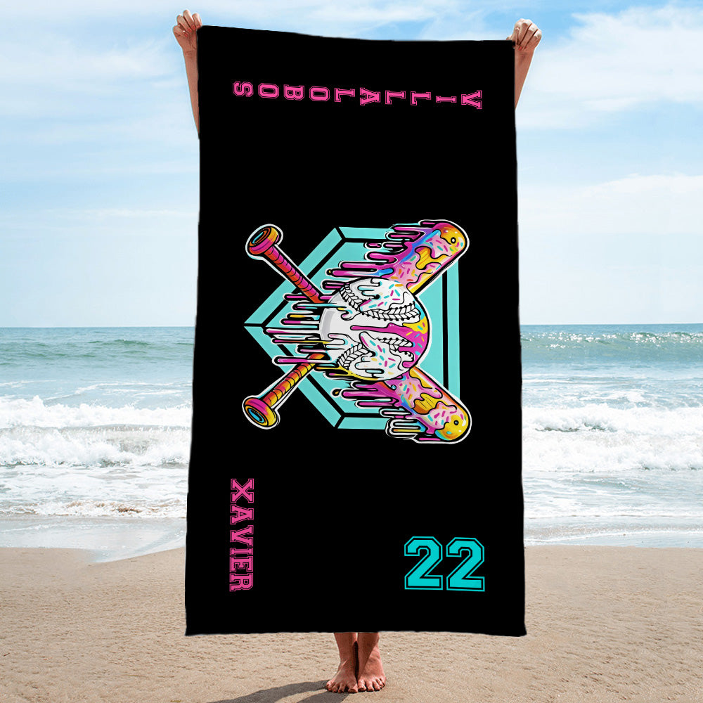 Toalla de playa personalizada con nombre y número de helado de béisbol sobredimensionada con texto y número Regalo de cumpleaños de vacaciones esencial para jugador amante del béisbol