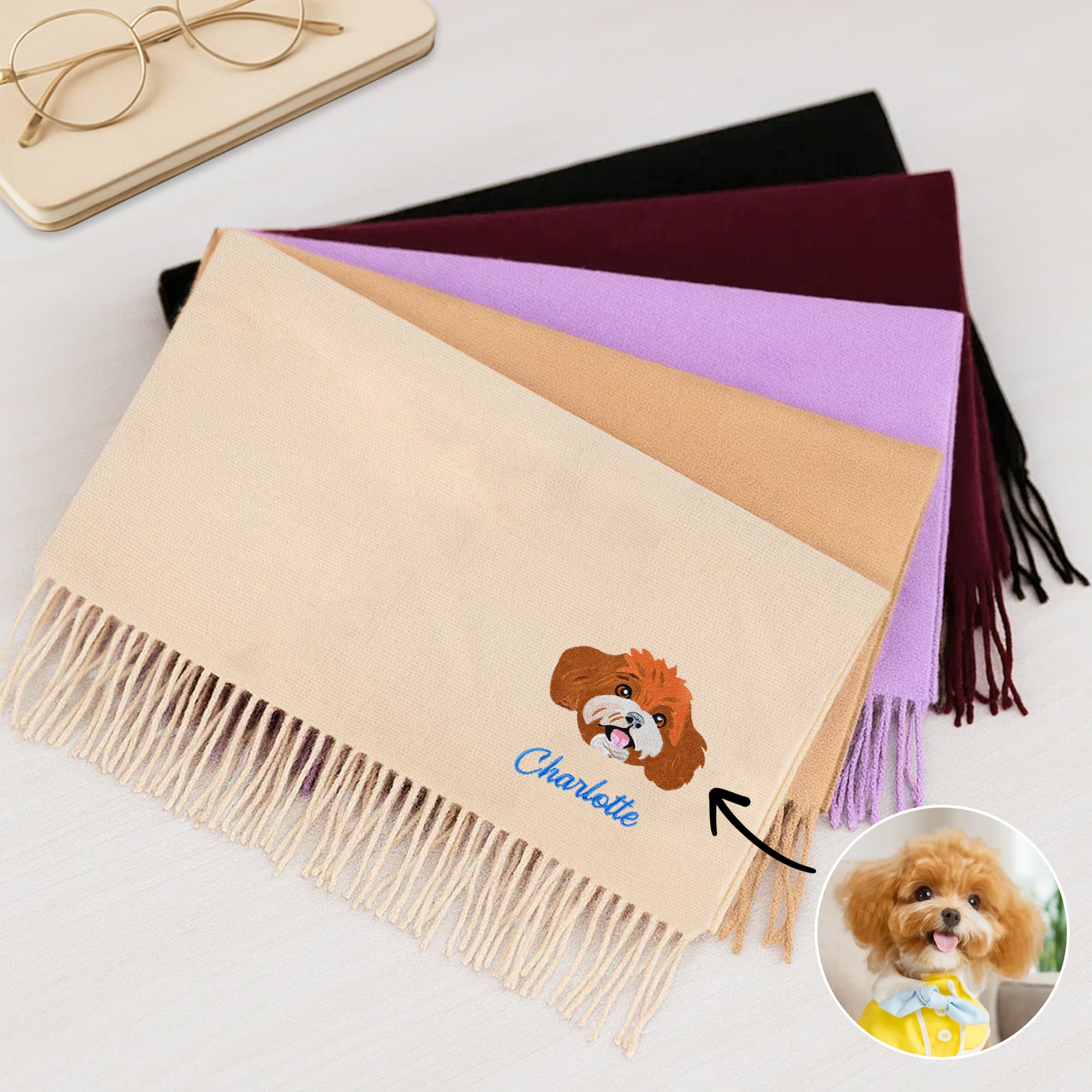 Personalizado 1-3 Bordado Fotos de la cara del animal doméstico Bufanda caliente estupendo suave con los nombres Accesorio de moda Birthay Regalo para los amantes del animal doméstico de la familia