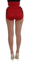 Women's Red Silk Crystal Roses Shorts Cotton