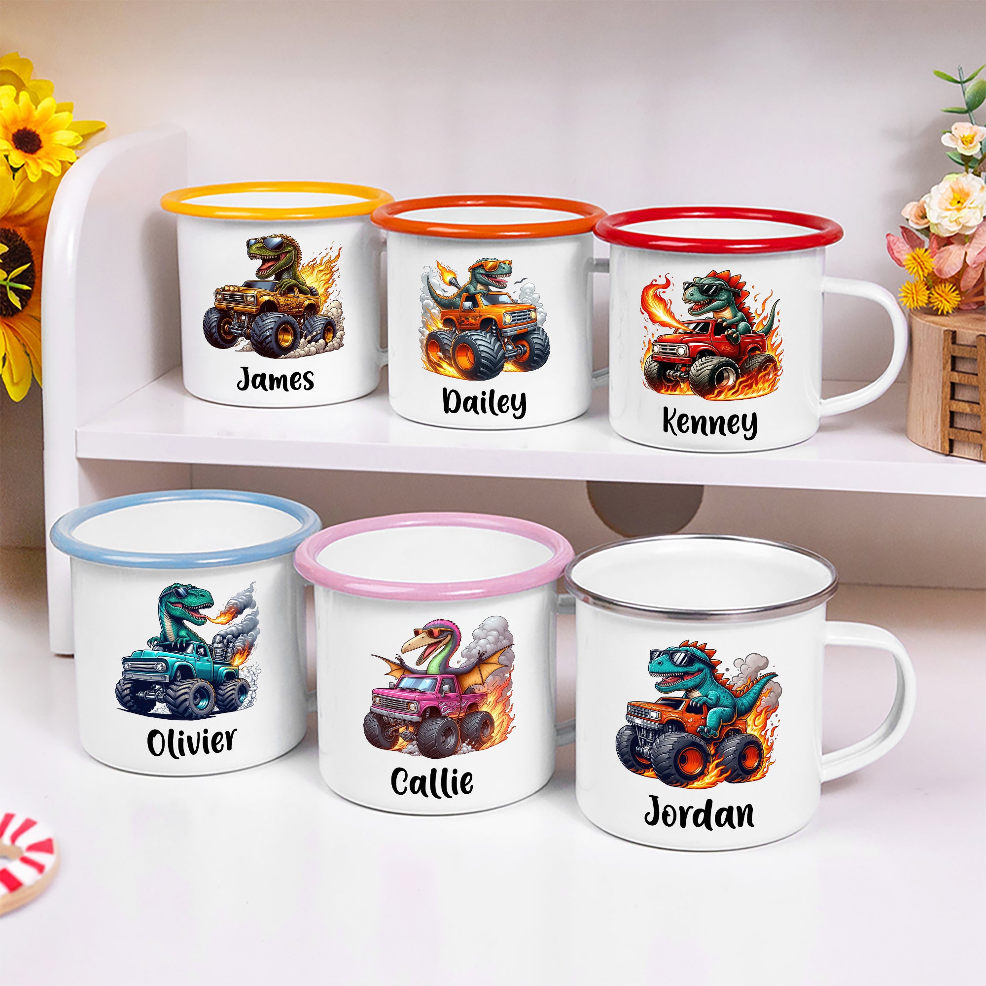 Taza esmaltada personalizada de 12 oz con el nombre del dinosaurio Camión multicolor Cumpleaños Regalo de Navidad para los niños amantes de los dinosaurios Camión