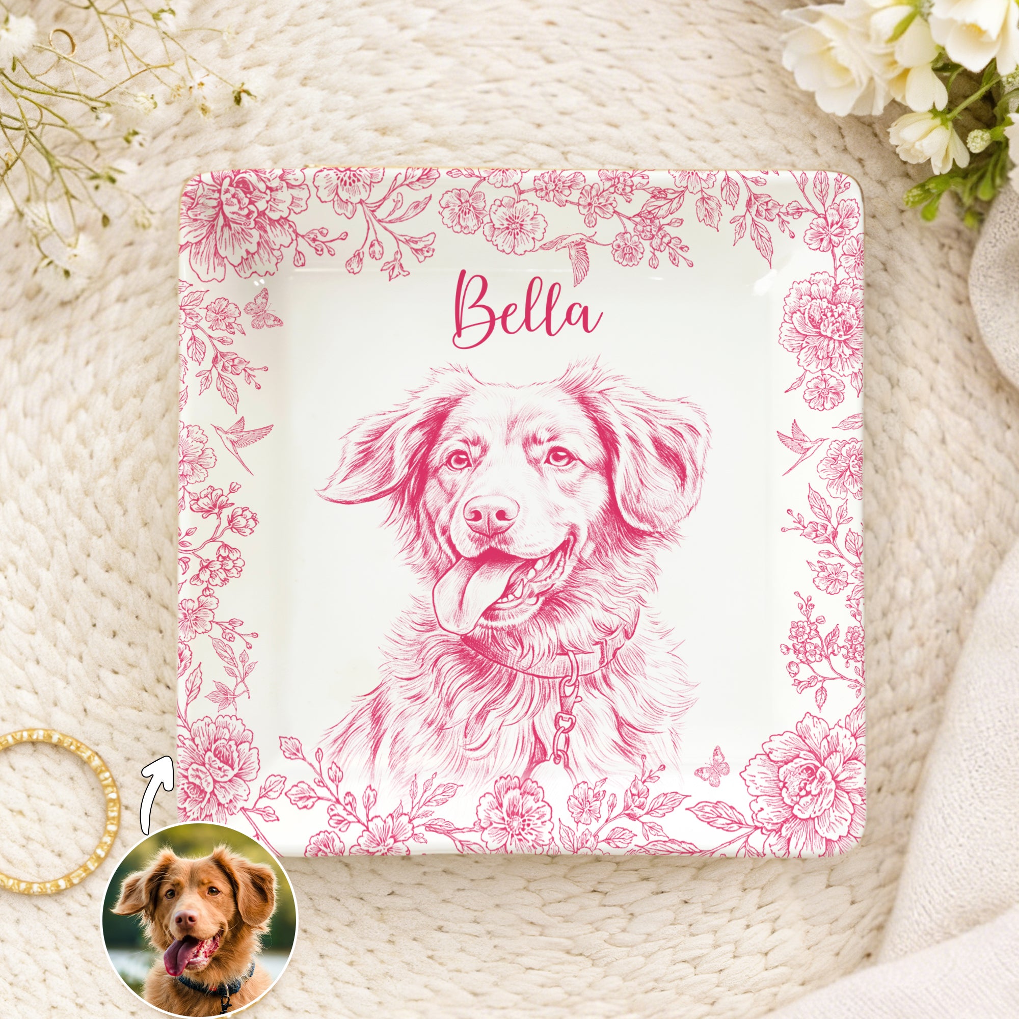 Personalizado Toile De Jouy Style Pet Retrato Cerámica Baratija Joyería Plato con Nombre Regalo de Cumpleaños para Dueño de Mascota