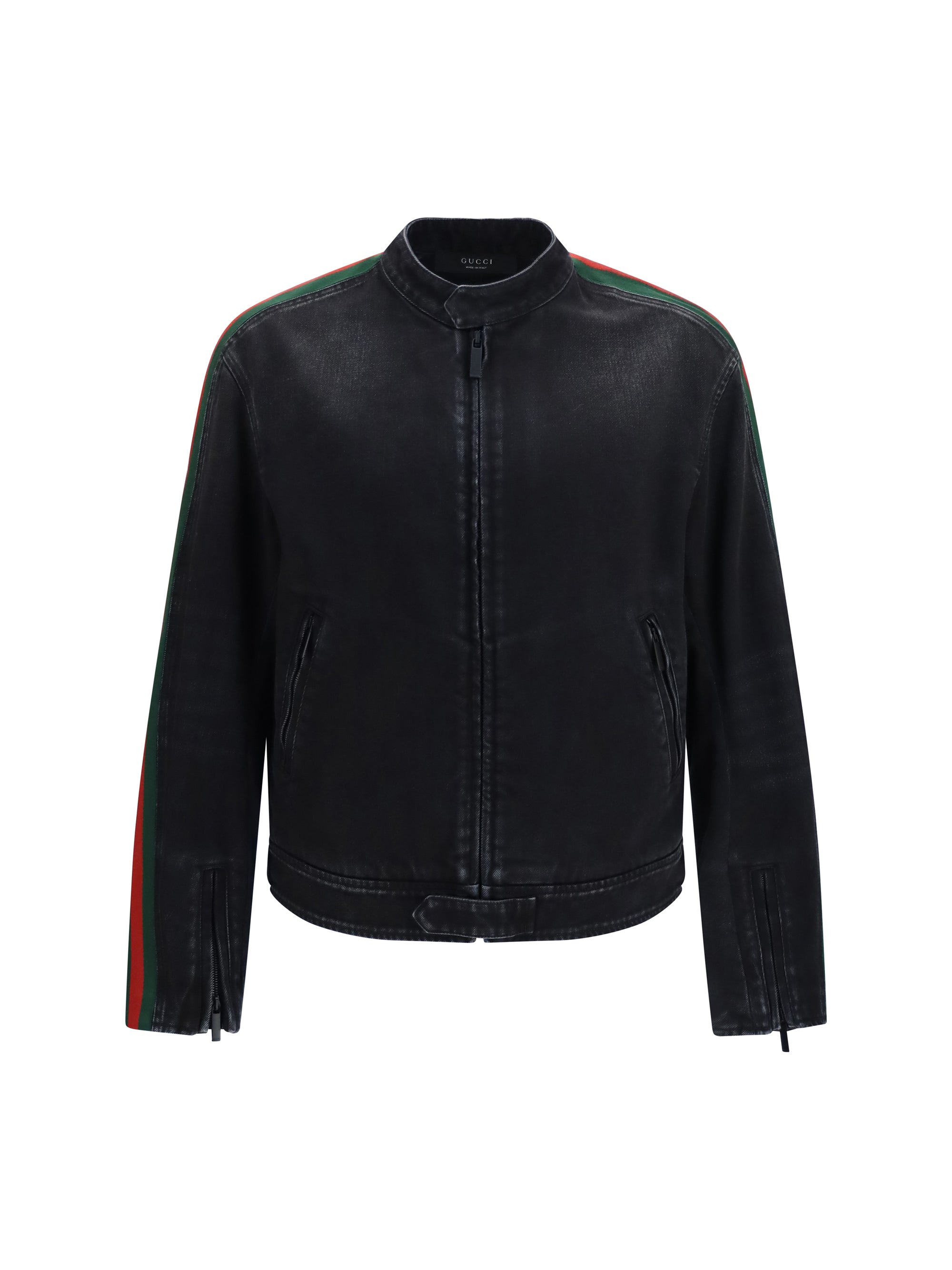 Gucci Web Stripe Denim Biker Jacket — Black