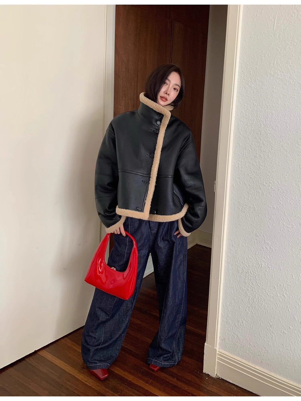 Corner Coffee Merino wool sheepskin stand-up collar motorcycle reversible young fur coat for women