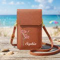 Personalizado Clásico Nacimiento Flor Bolsa de cuero de PU Crossbody con el nombre y la ventana de pantalla táctil de viaje de uso diario de cumpleaños de regalo para las mujeres