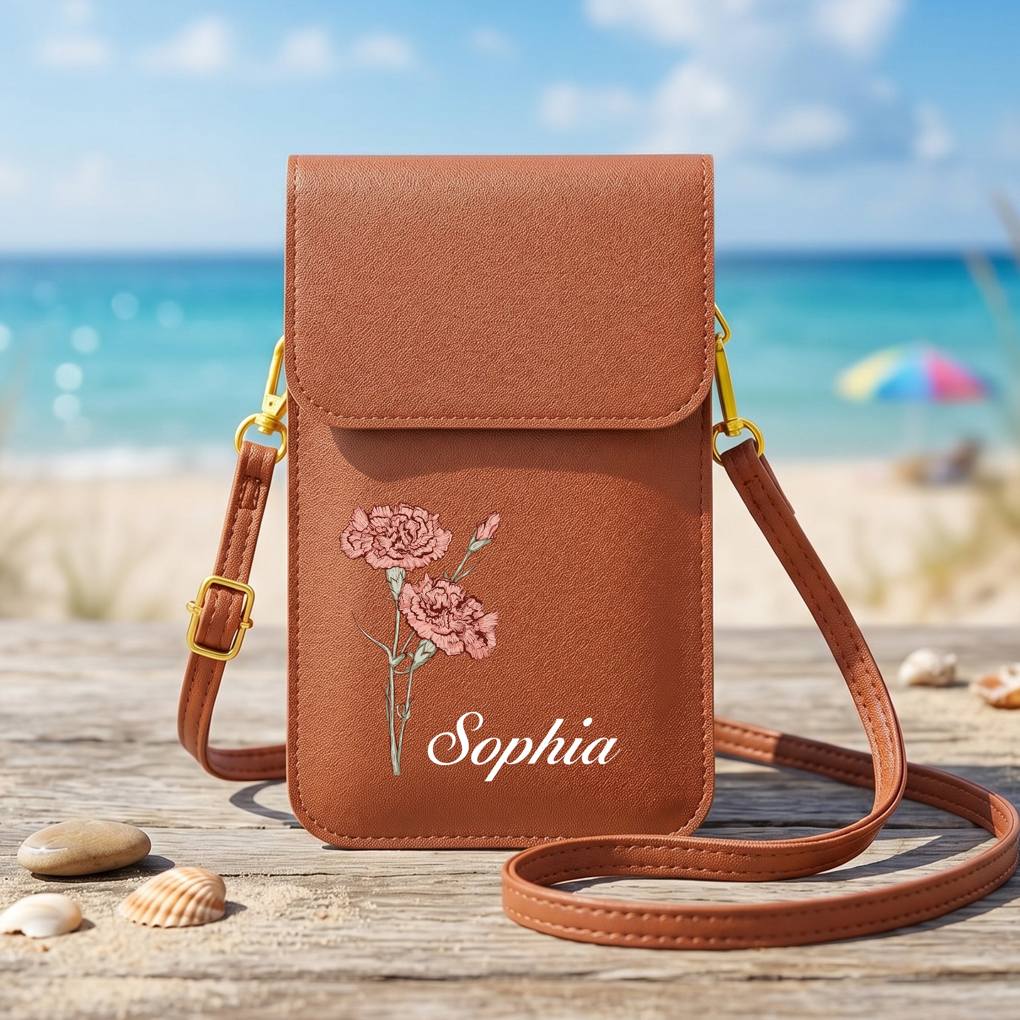 Personalizado Clásico Nacimiento Flor Bolsa de cuero de PU Crossbody con el nombre y la ventana de pantalla táctil de viaje de uso diario de cumpleaños de regalo para las mujeres