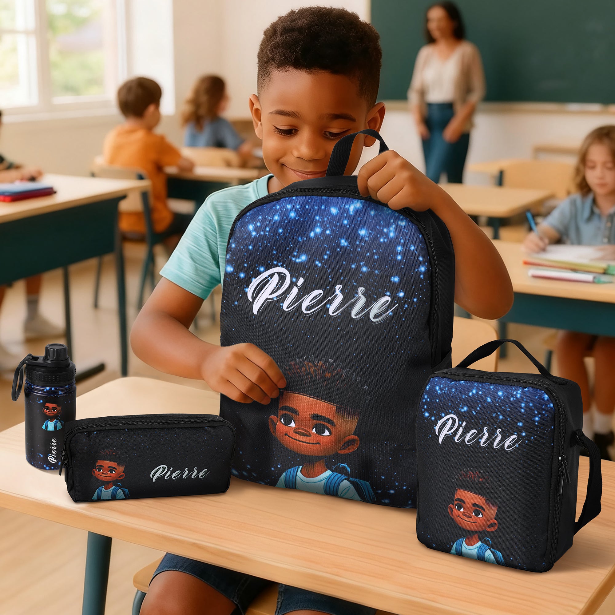 Mochila personalizada con motivos africanos para niños Bolsa de almuerzo Estuche para lápices Botella de agua Set de 4 con nombre Regalo de Navidad de vuelta al cole para niños estudiantes