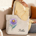 Bolso tote de pana personalizado con flor de nacimiento y nombre gran capacidad cremallera bolsillo regalo de cumpleaños para mujer