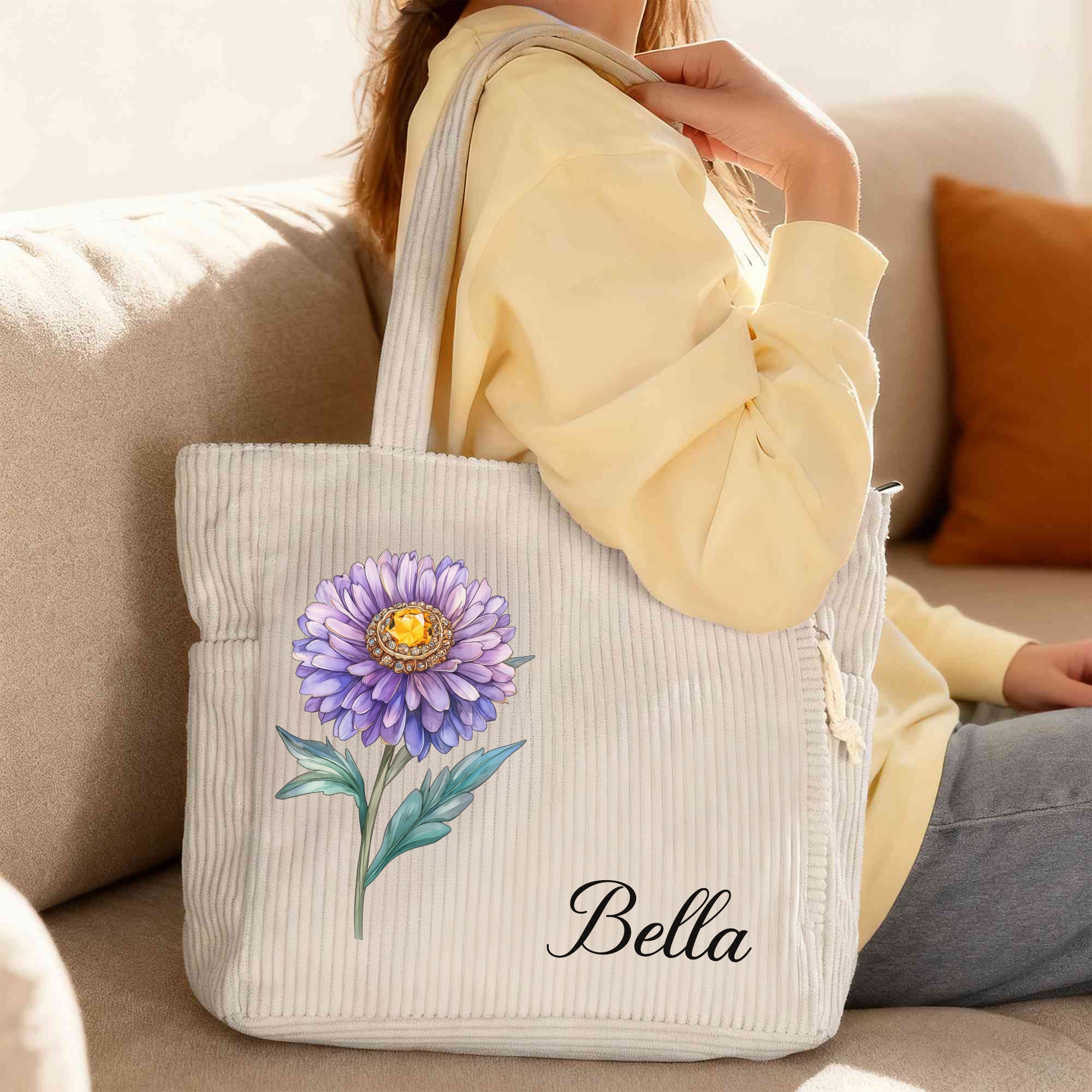 Bolso tote de pana personalizado con flor de nacimiento y nombre gran capacidad cremallera bolsillo regalo de cumpleaños para mujer