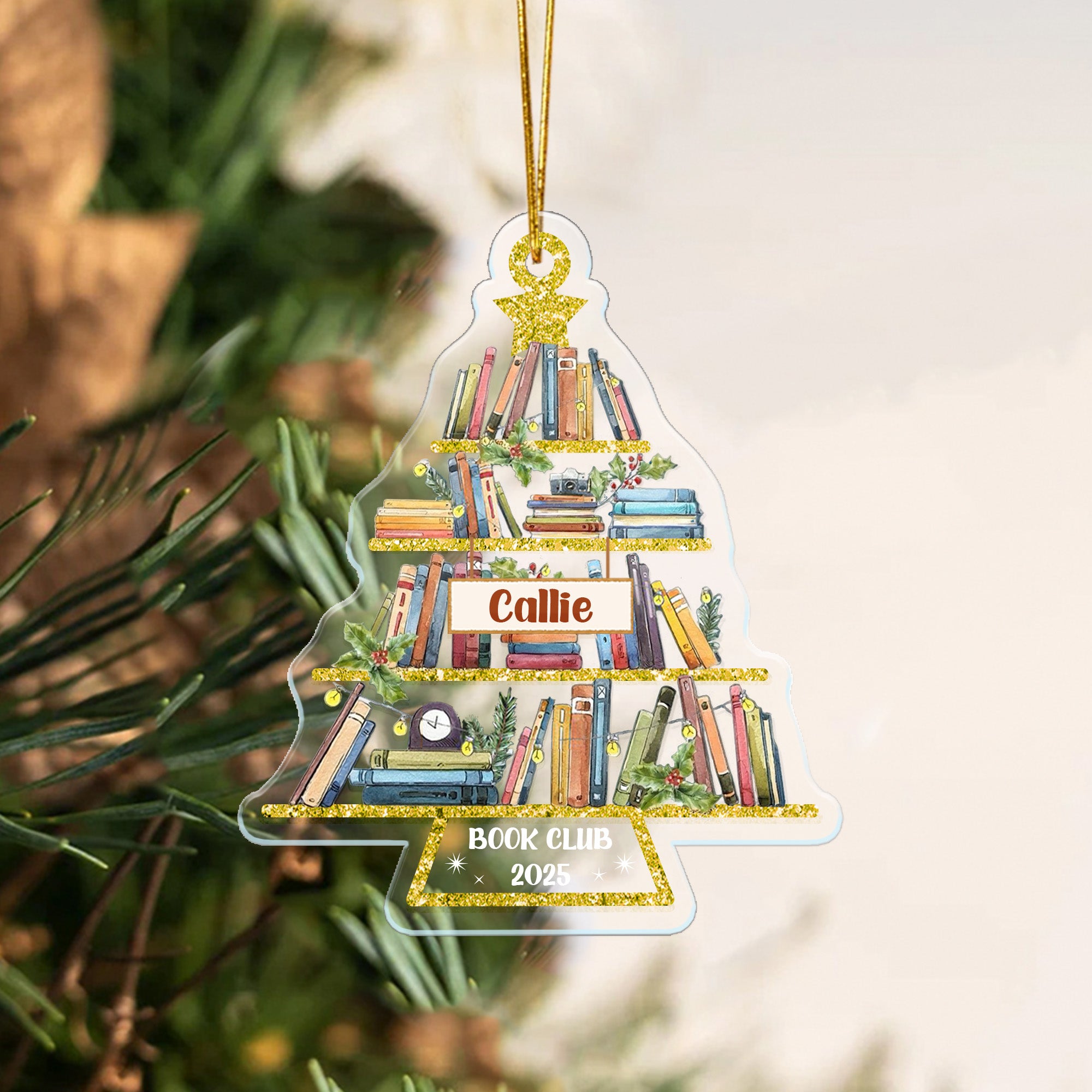 Club de lectura personalizado Árbol de Navidad Adorno de acrílico transparente con 1-9 nombres y texto Navidad Cumpleaños Regalo para familia amigos amantes de los libros