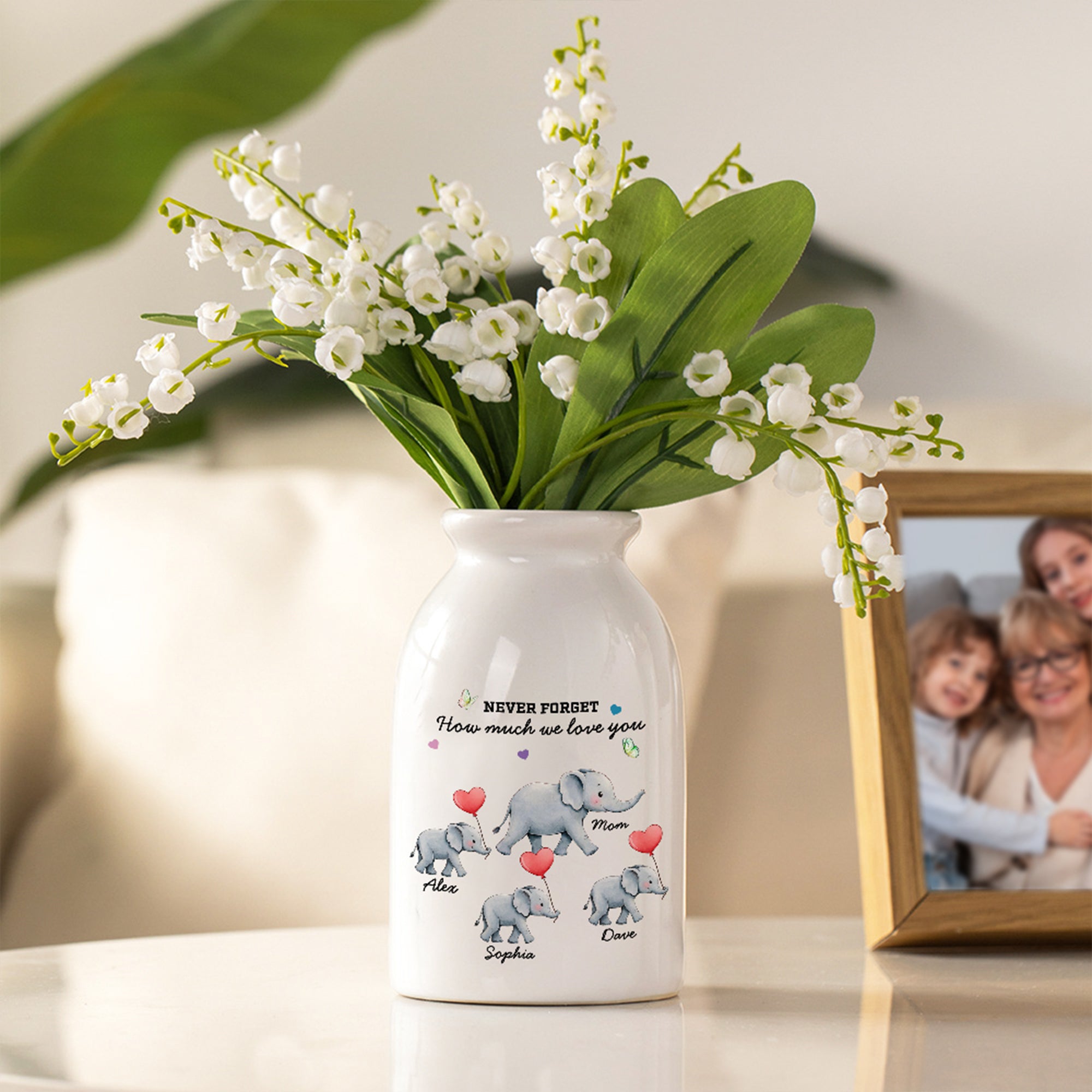 Florero de cerámica personalizado con el nombre del elefante Nunca olvides cuánto te queremos Decoración para habitaciones Regalo del Día de la Madre para mamá Abuela
