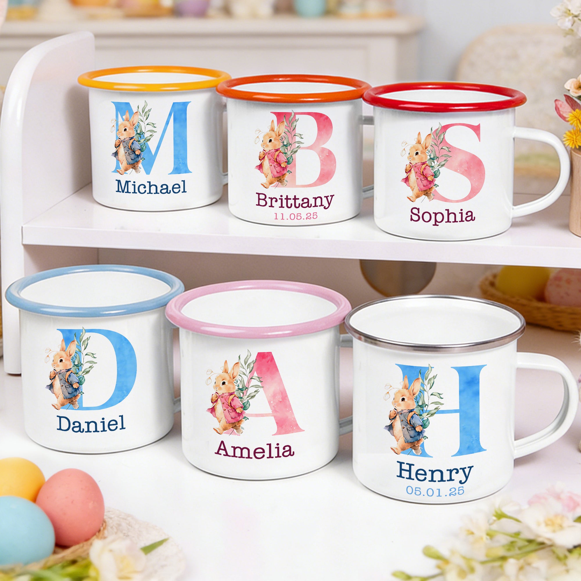 Taza personalizada de esmalte con iniciales de conejo de dibujos animados de 12 oz con nombre y fecha Regalo de fiesta de Pascua para niños Niñas