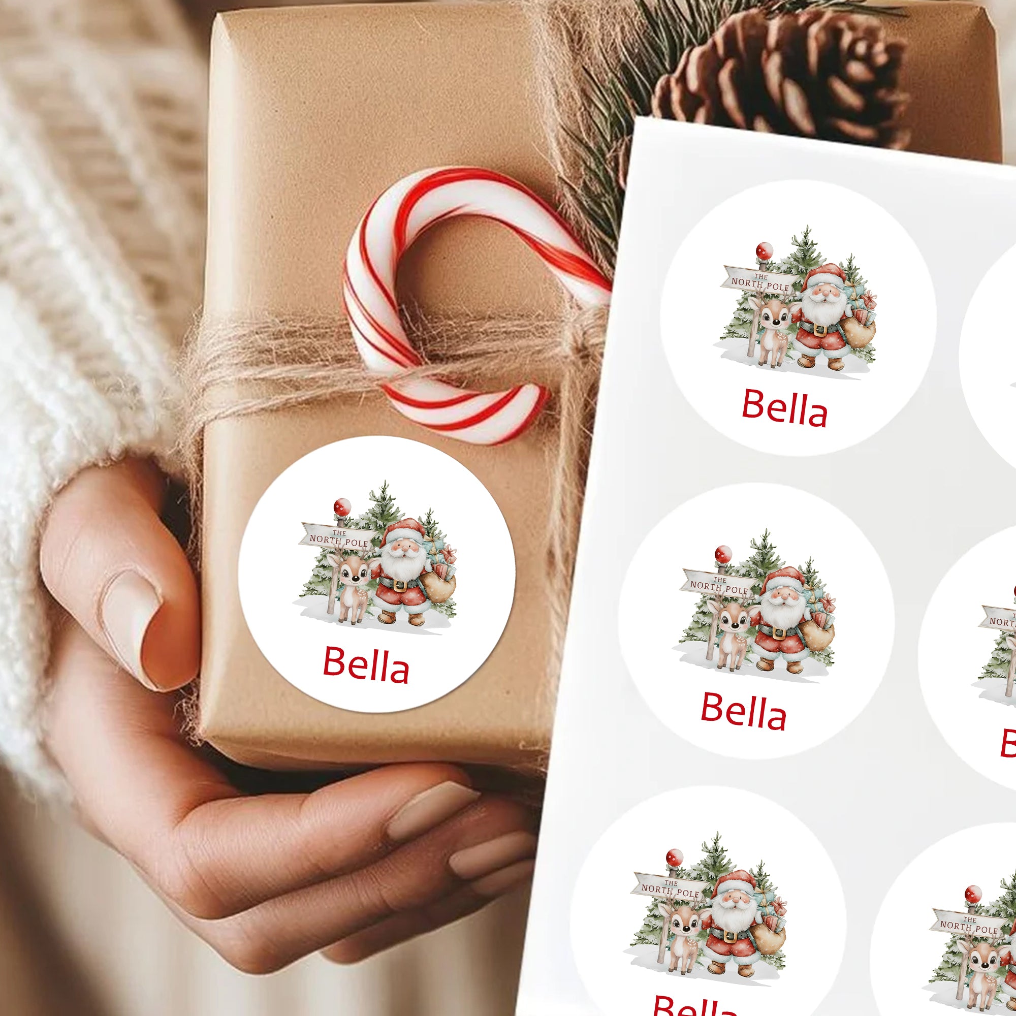 Personalizado lindo Santa Claus Reno Etiquetas adhesivas impermeables con nombre Regalo Decoración Navidad Festival Fiesta Favores para la familia Amigos