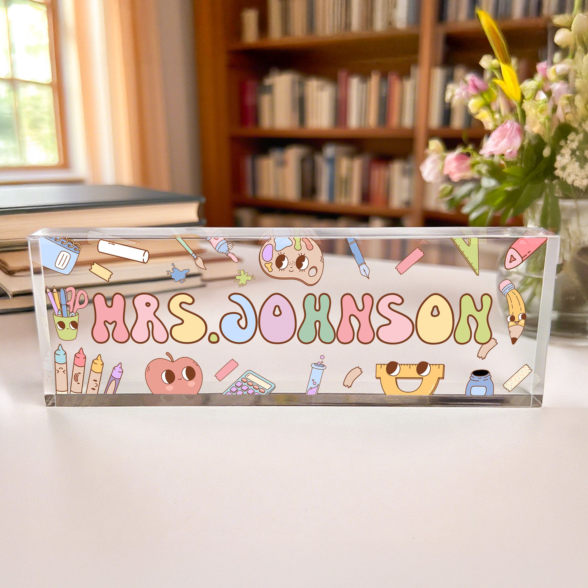 Personalizado lindo arco iris de flores de papelería Elementos de acrílico Nombre Signo Escritorio Decoración Apreciación Regreso a la Escuela Regalo para el Maestro