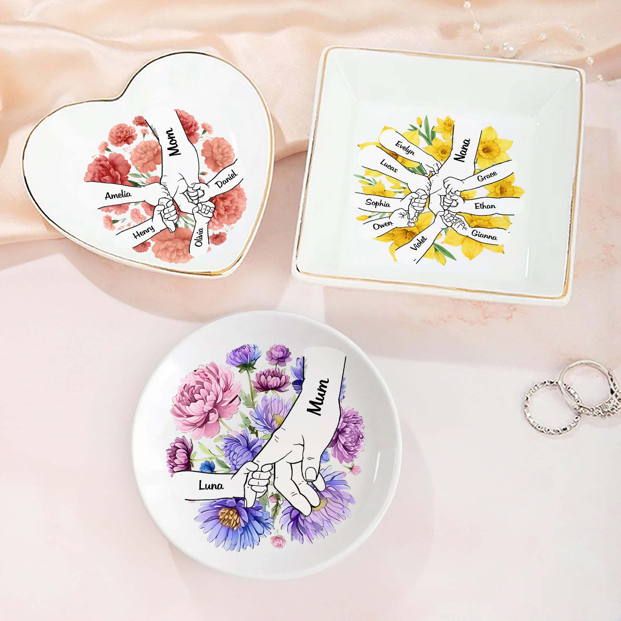 Flor de Nacimiento Personalizada Manos en Manos Plato de Cerámica con 1-10 Nombres Día de la Madre Regalo de Cumpleaños para Mamá Abuela