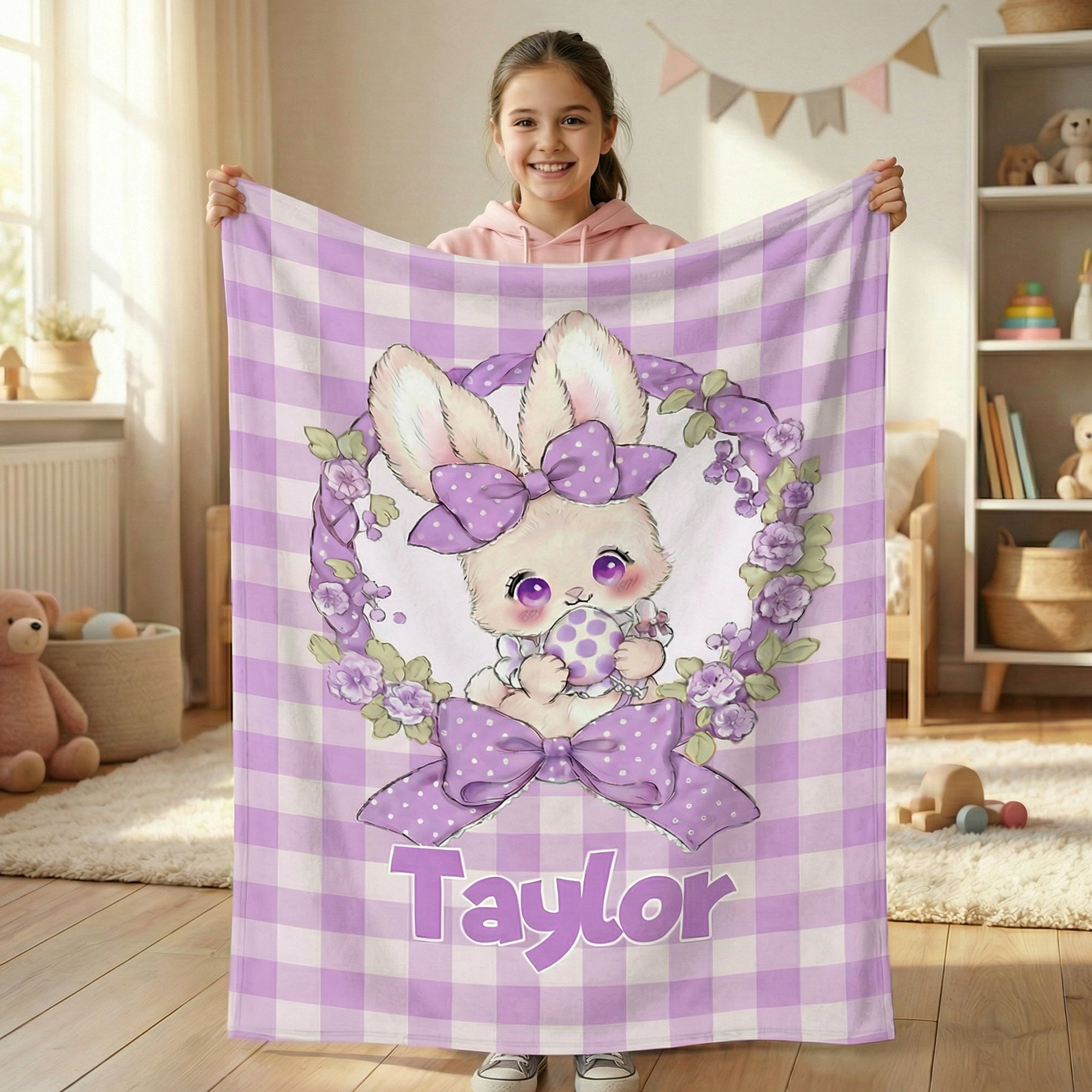 Conejito de lunares personalizado con nombre en la manta de Pascua para niños
