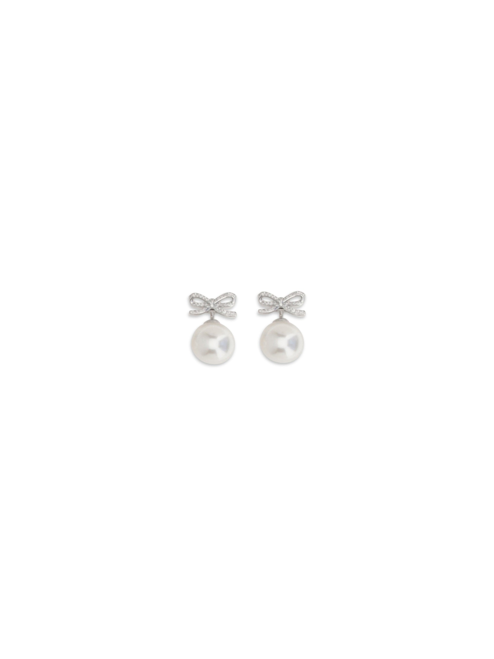 Self-Portrait Crystal Bow with Pearl Earrings — Silver