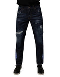 Men's Dark Blue Cotton Tattered Skinny Denim Jeans Spandex Clothing
