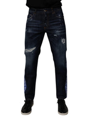 Men's Dark Blue Cotton Tattered Skinny Denim Jeans Spandex Clothing