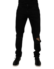 Black Cotton Tattered Skinny Men Denim Jeans Elastane Clothing