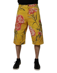 Yellow Floral Cargo Denim Men Bermuda Shorts Cotton