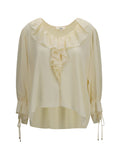 Chloé Ruffled V-Neck Silk Shirt — White
