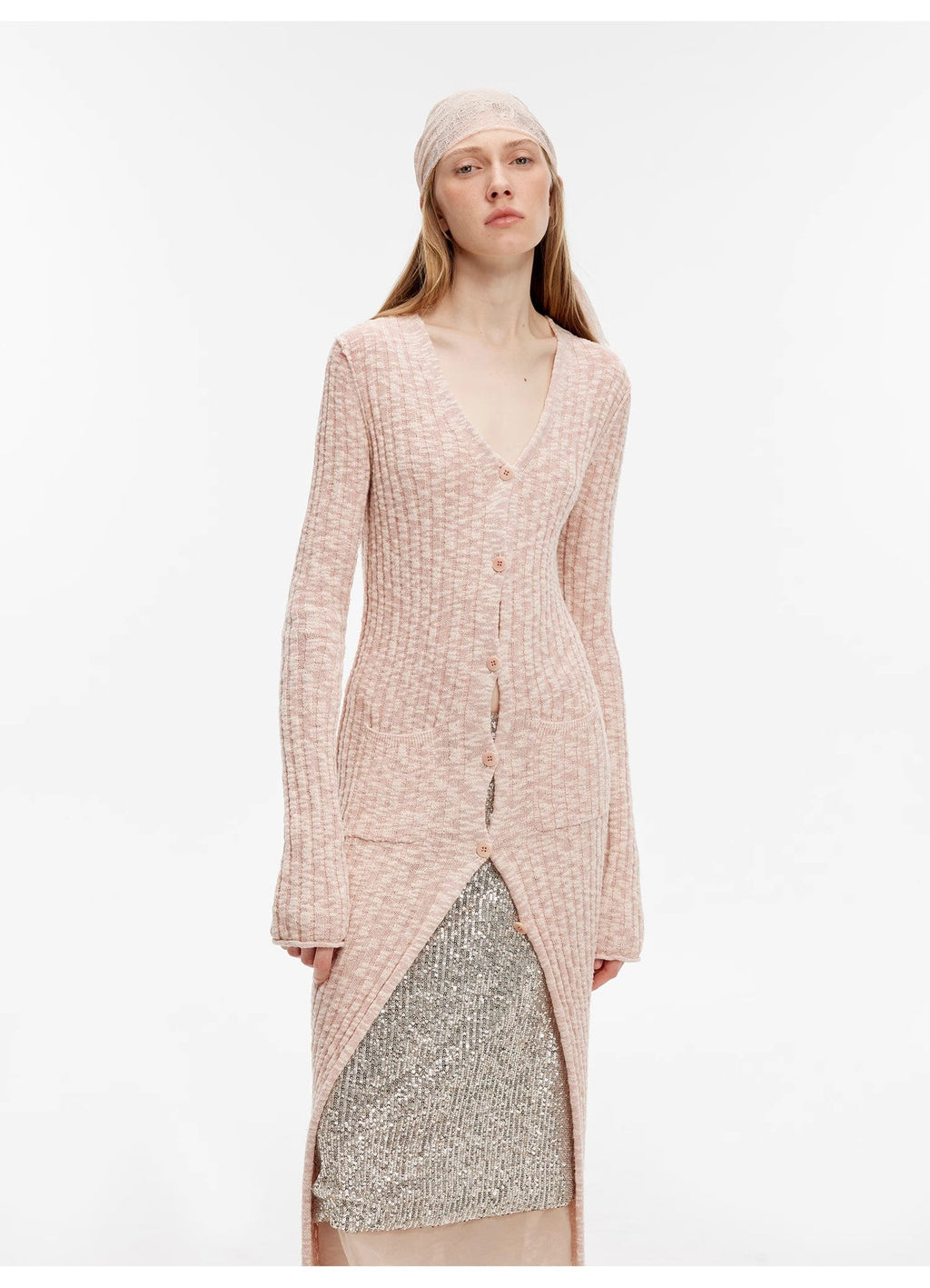 Soft Spring Formula Luxury brand same version cotton and linen fancy yarn knitted V-neck curling design straight long cardigan