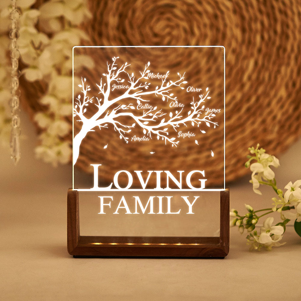 Árbol genealógico personalizado Luz de noche LED acrílica con 1-12 nombres Decoración del hogar Cumpleaños Día de la madre Regalo de vacaciones para la familia Niños