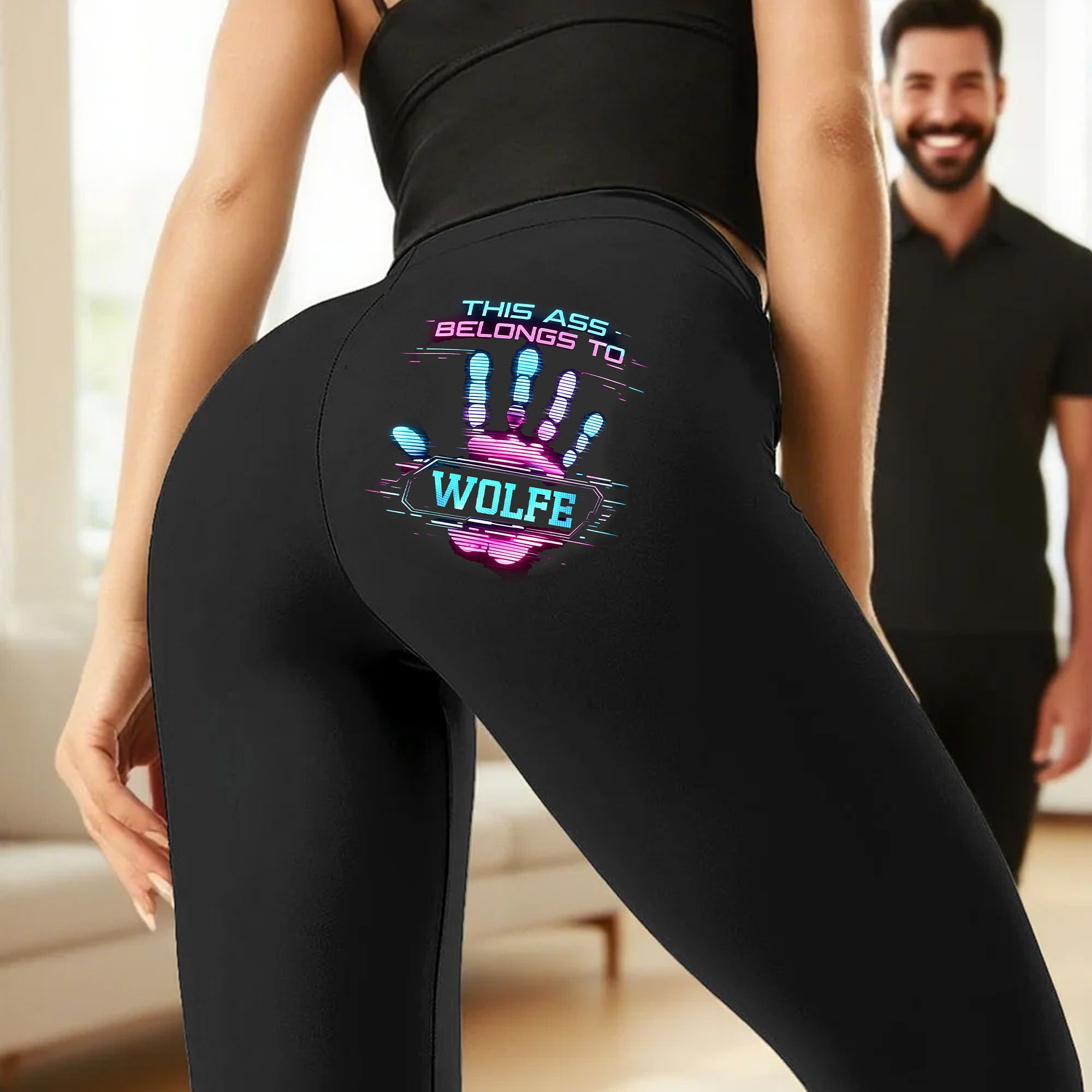 Personalizado This Ass Belongs To Handprint Pattern Stretch Leggings Pantalones de Yoga con Nombre Daily Wear Regalo de Aniversario para Esposa Novia