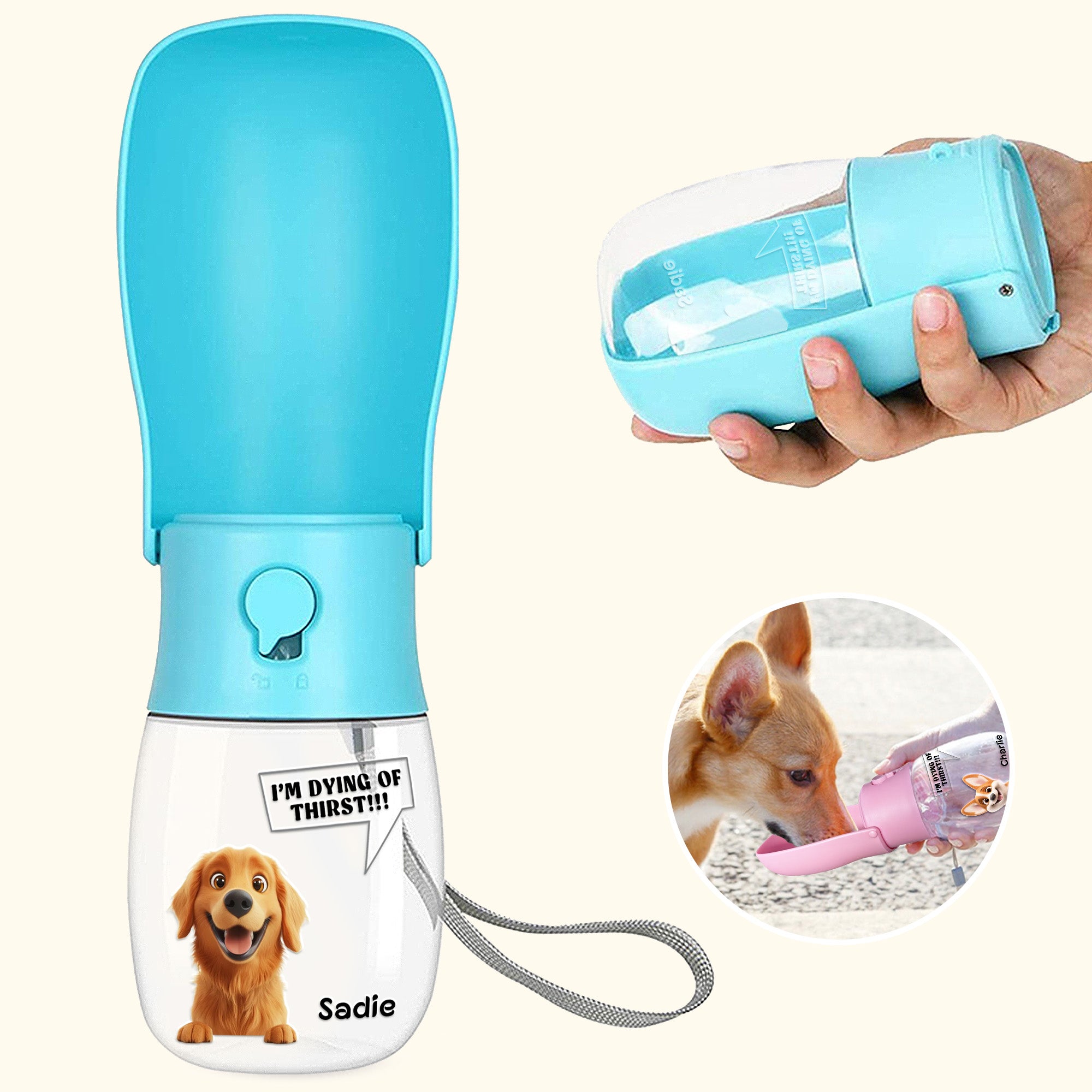 Botella de agua plegable personalizada con nombre de mascota de dibujos animados para uso diario en actividades al aire libre Regalo de cumpleaños para dueños de mascotas