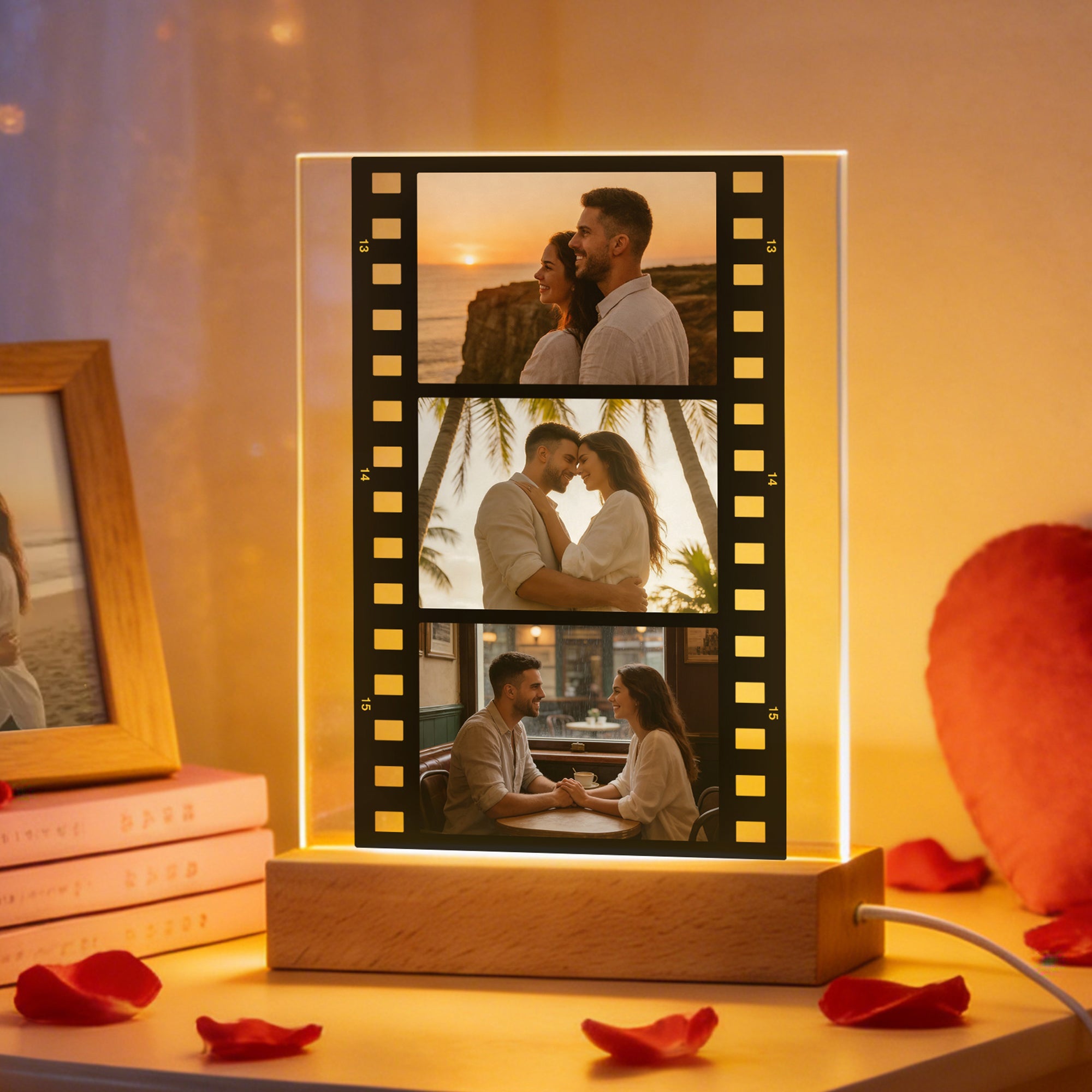 Cinta de película personalizada 3 fotos 7 colores LED Luz de noche acrílica Decoración de escritorio Día de San Valentín Aniversario Regalo para Pareja Bestie Amigo
