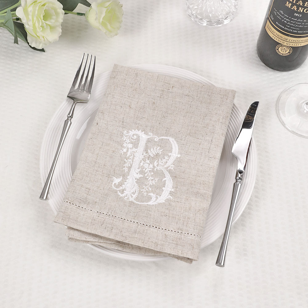 Servilleta de Lino Personalizada con Monograma Floral Estilo Francés con Inicial Bordada Regalo de Boda para Anfitriona Amante del Estilo Francés
