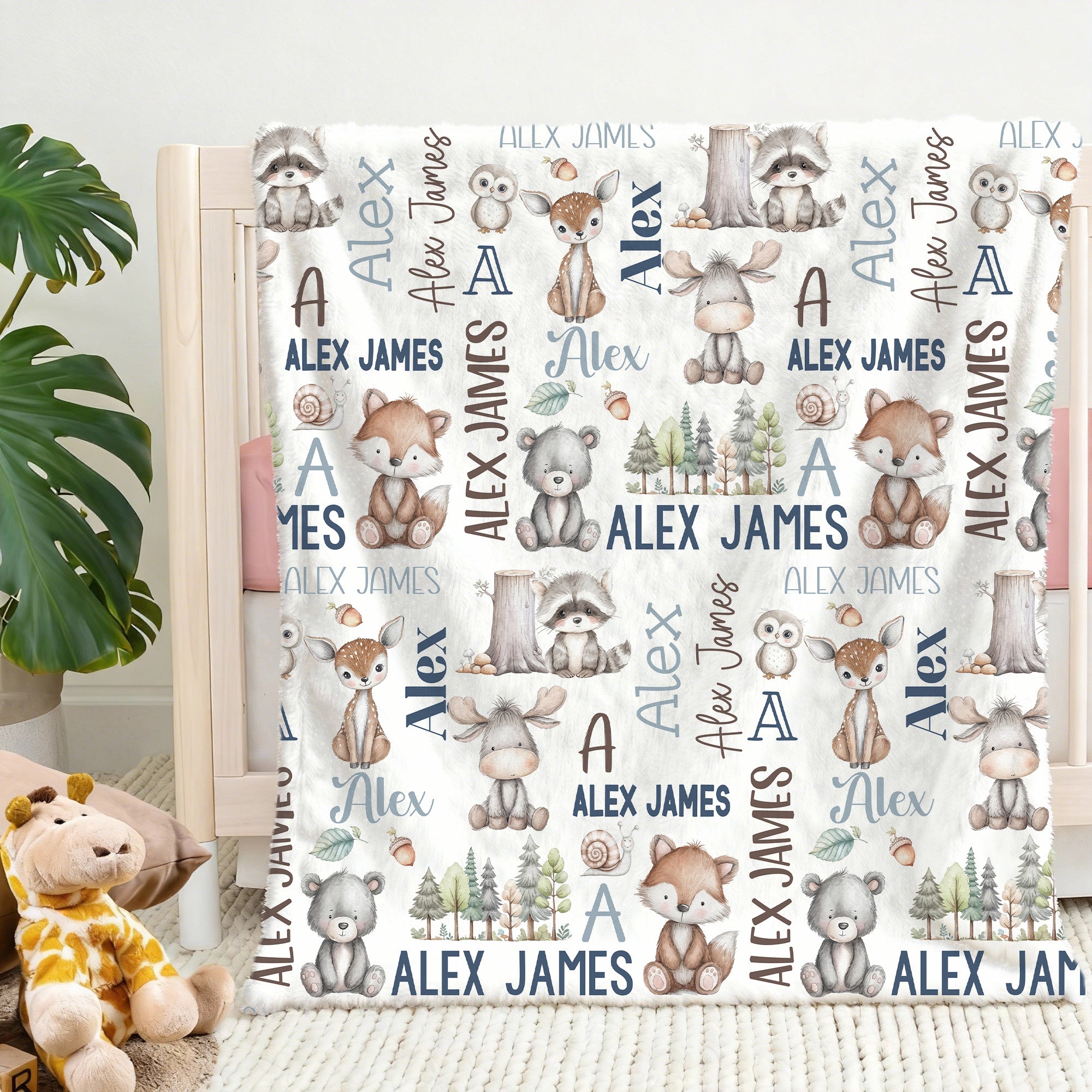 Manta blanda personalizada con nombre e inicial de animales pintados a mano Decoración del hogar Uso diario Regalo de cumpleaños para niños