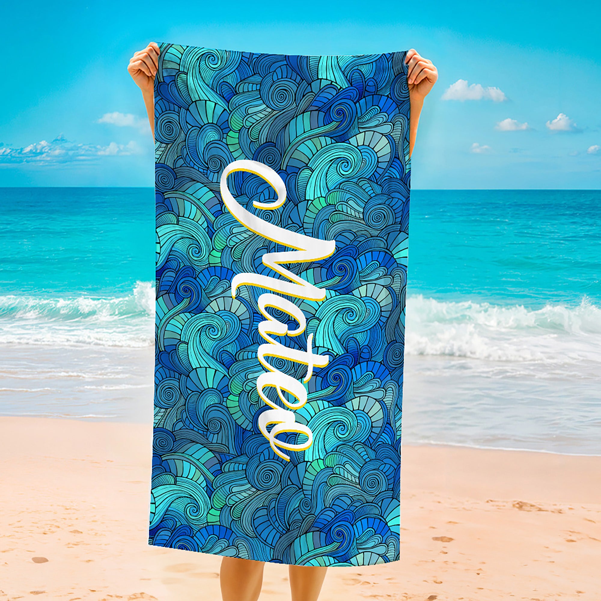 Toalla de playa personalizada con nombre Waves Tie Dye Quick Dry Beach Essentials Beach Party Birthday Gift for Women Men